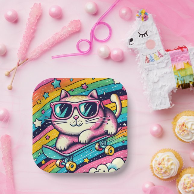 Kids Birthday Party Cat Cartoon Paper Plate (Party)