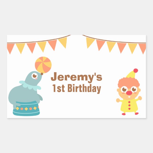 Kids Birthday Party - Circus Clown and Sea Lion Rectangular Sticker (Front)