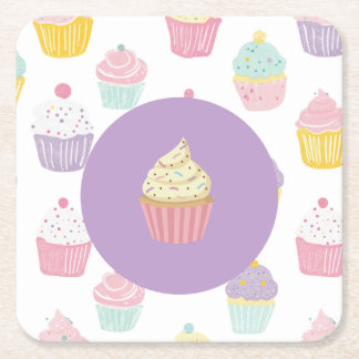kids birthday party cupcake pastel pattern square paper coaster