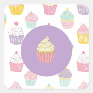 kids birthday party cupcake pastel pattern square sticker