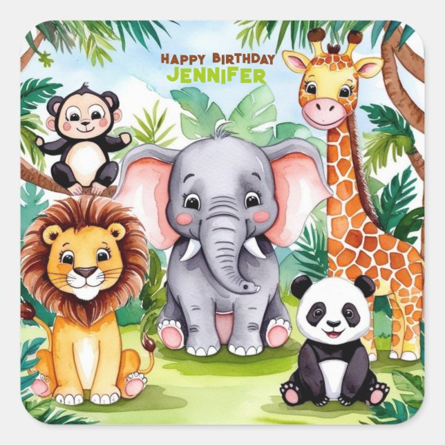 Kids Birthday Party Cute Animals Safari Jungle  Square Sticker (Front)