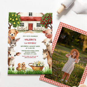 Kids Birthday Party Farm Animals for Girl Photo Invitation