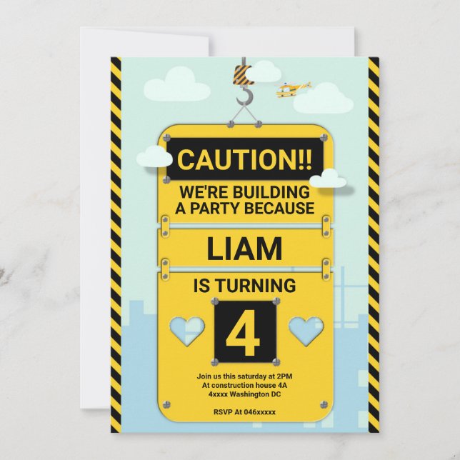 Kids birthday party invitation, construction invitation (Front)