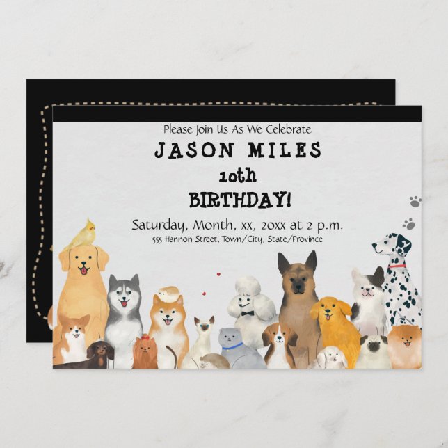 Kid's Birthday Party Invitation, Cute Dogs, Fun Invitation (Front/Back)