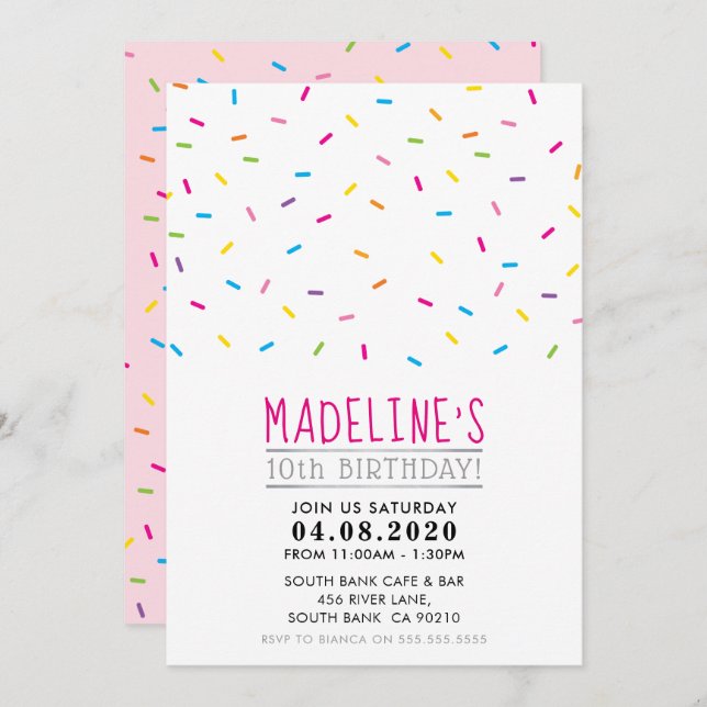 KIDS BIRTHDAY PARTY INVITE  colourful sprinkles (Front/Back)