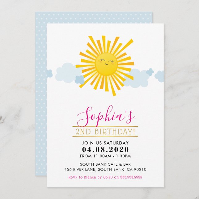 KIDS BIRTHDAY PARTY INVITE cute kawaii smiling sun (Front/Back)