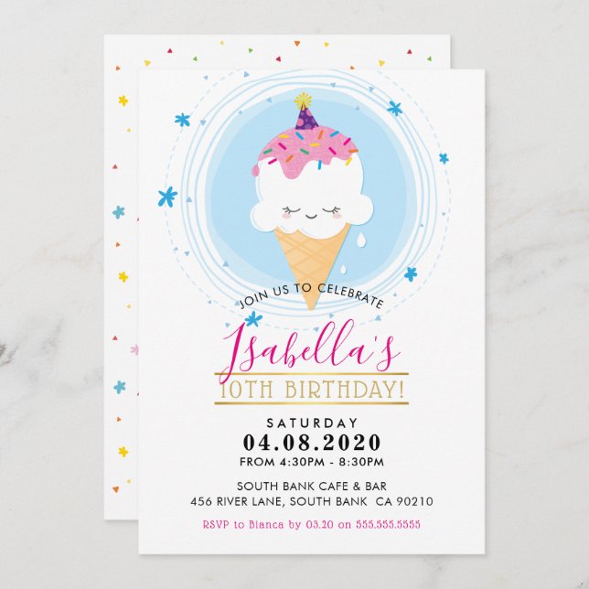 KIDS BIRTHDAY PARTY INVITE kawaii icecream cone (Front/Back)