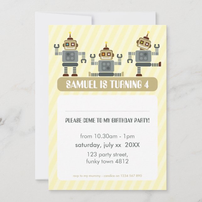 KIDS BIRTHDAY PARTY INVITE modern robot trio (Front)