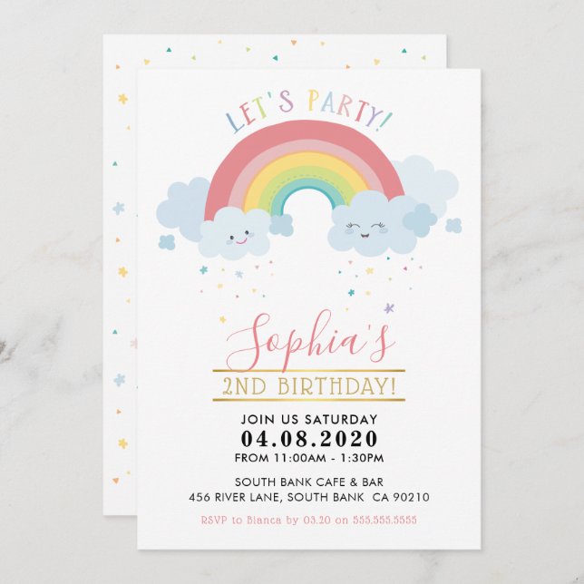 KIDS BIRTHDAY PARTY INVITE pastel rainbow clouds (Front/Back)