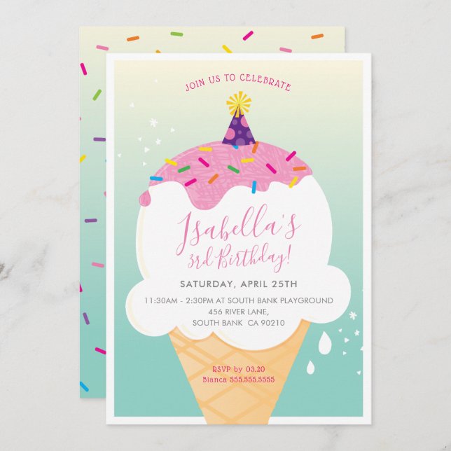 KIDS BIRTHDAY PARTY INVITE retro ice-cream cone (Front/Back)