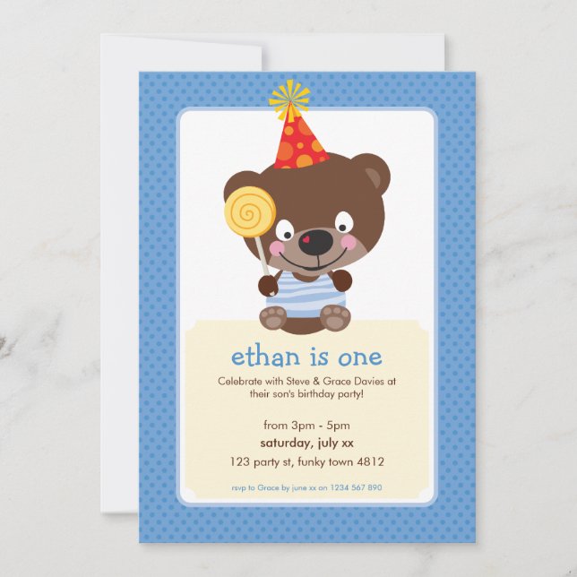 KIDS BIRTHDAY PARTY INVITE teddybear lollipop (Front)