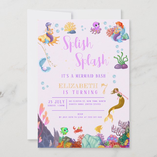 Kids Birthday Party Mermaid Theme Colourful Invitation (Front)