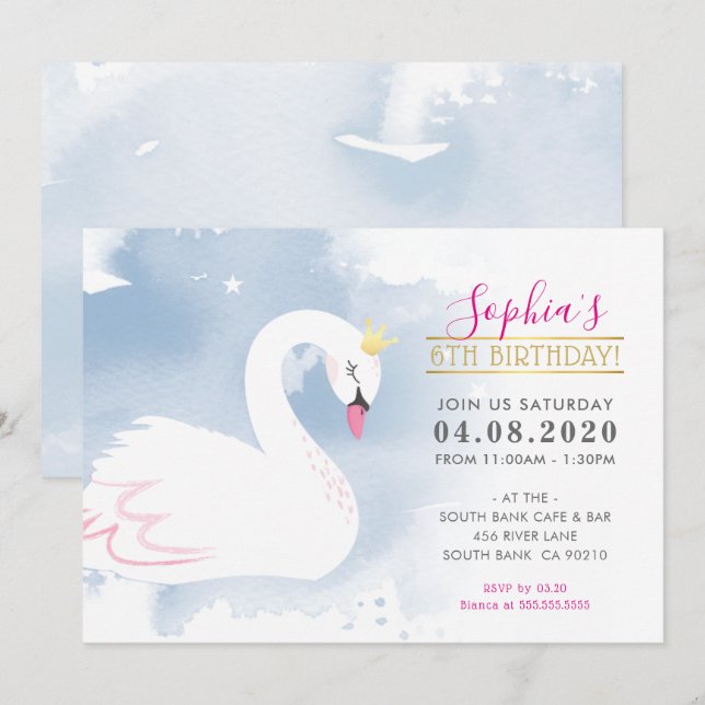 KIDS BIRTHDAY PARTY pretty swan princess gold blue Invitation (Front/Back)