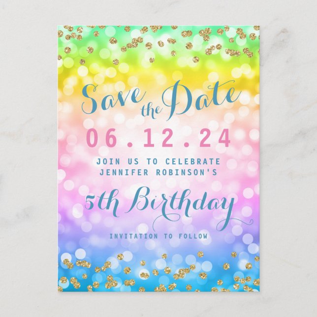 Kids Birthday Party Save The Date Unicorn Rainbow Announcement Postcard (Front)