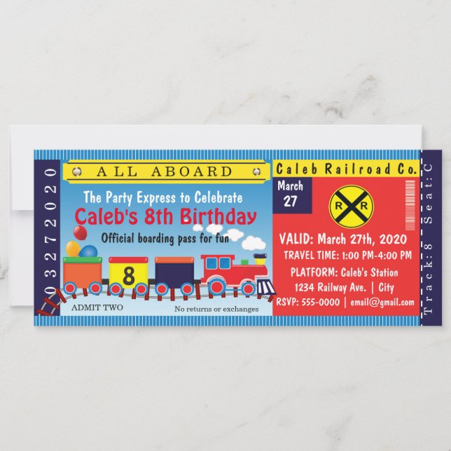 Kids Birthday Party Travel Train Ticket Invitation (Front)