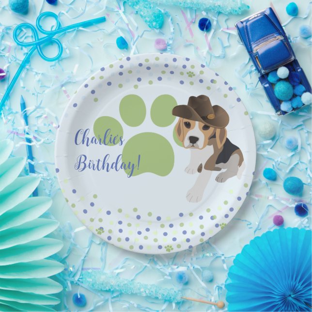 Kids Birthday Puppy Dog Hat Green Pawprint Party Paper Plate (Party)