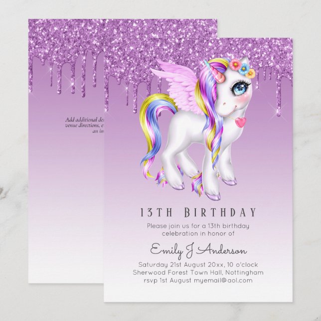Kids Birthday Purple Unicorn Digital or Printed Invitation (Front/Back)