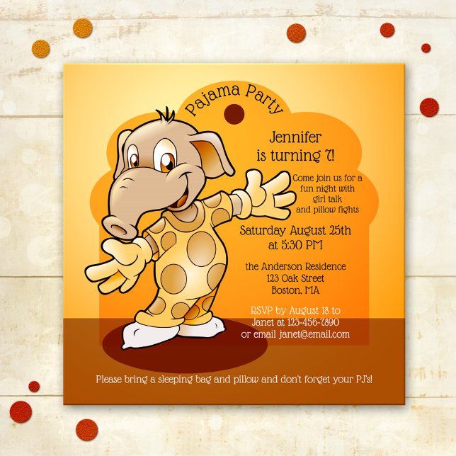 Kids Birthday Slumber or Pajama Party Invitation (A colorful pajama child birthday invitation with a cute elephant, fun girl talk and pillow fights)