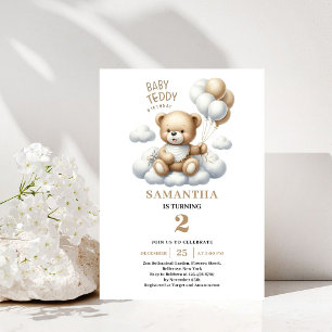 Kids Birthday Teddy Bear Gold Ivory Party Invite