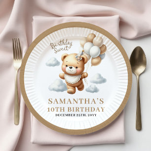 Kids Birthday Teddy Bear Gold Ivory Party Plates