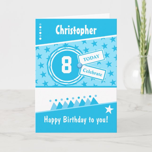Kids Birthday turquoise blue white any age name Card (Front)