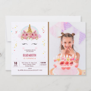 Kids Birthday Unicorn Theme Personalised Photo Invitation