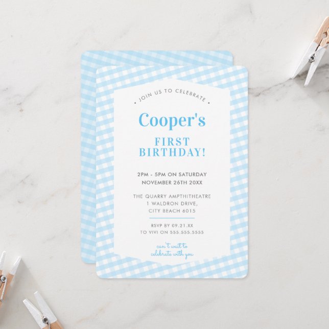 KIDS BIRTHDAY vintage gingham pattern boy blue Invitation (Front/Back In Situ)
