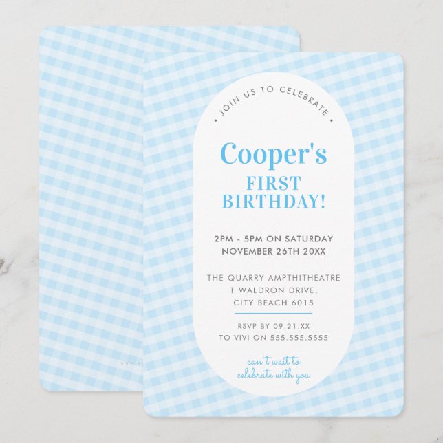 KIDS BIRTHDAY vintage gingham pattern pale blue Invitation (Front/Back)