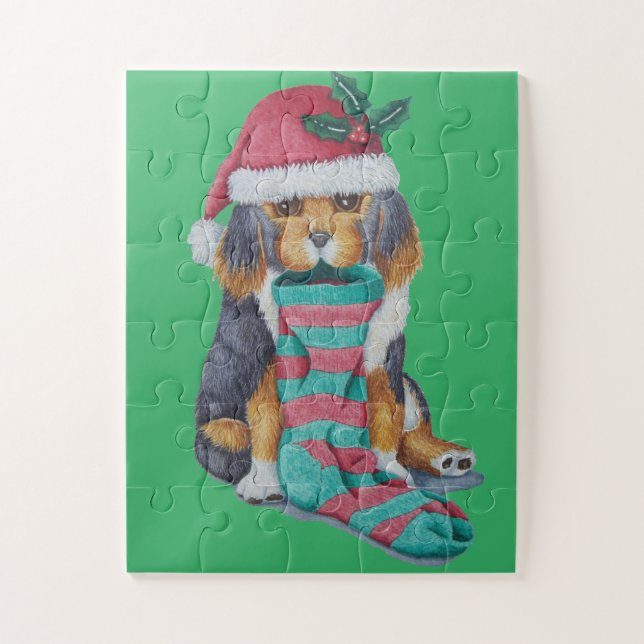 kids black and brown puppy dressed for christmas jigsaw puzzle (Vertical)