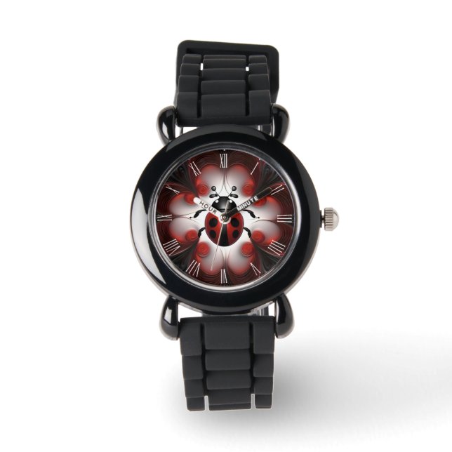 Kids Black And Red Ladybug Fractal Art Design, Watch (Front)