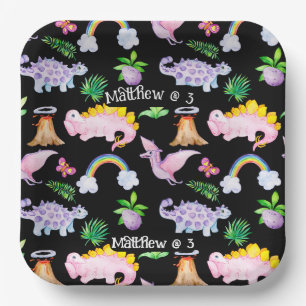 Kids Black Fun Dinosaur Rainbow Watercolor Jungle Paper Plate