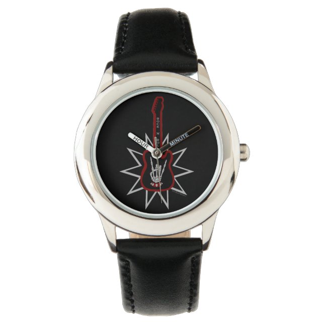 Kid's Black Leather Watch - Rock n' Roll (Front)