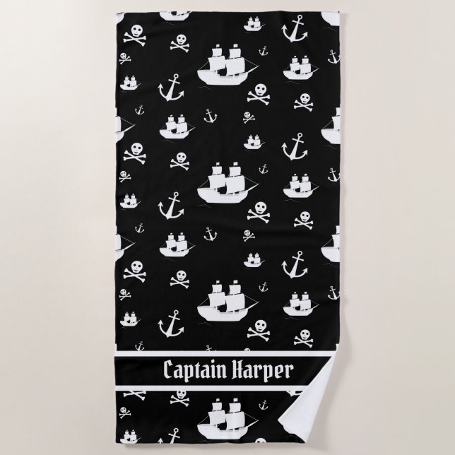 Kids Black Personalised Anchor Pirate Beach Towel (Front)