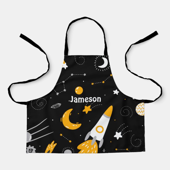 Kids' Black Yellow Outer Space Stars Moon Rocket Apron (Front)