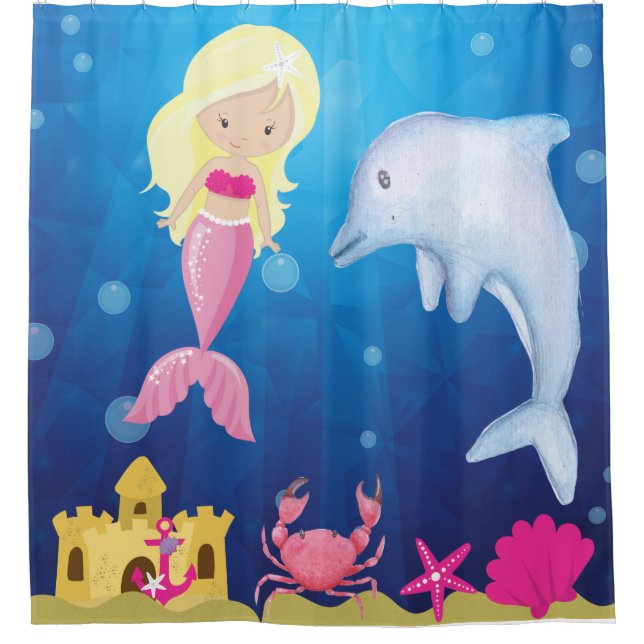 Kids Blonde Pink Mermaid Under Sea Shower Curtain (Front)
