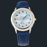 Kids Blue Aeroplane Cartoon and Name Boys Watch<br><div class="desc">This cute transport aeroplane design features a hand-drawn doodle aeroplane with a background of blue sky and clouds,  and can be personalised with your boy's name. Perfect for an aeroplane and travel loving kids first watch! Check out our store for other cute designs.</div>