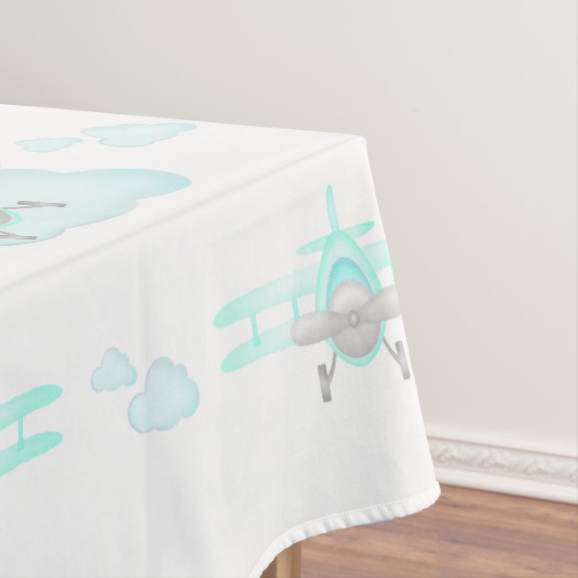 Kids Blue Airplane Flying Aviation Birthday Tablecloth (In Situ)