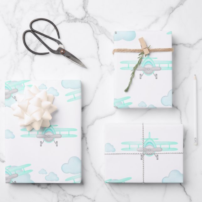 Kids Blue Airplane Flying Aviation Birthday Wrapping Paper Sheet (Front)