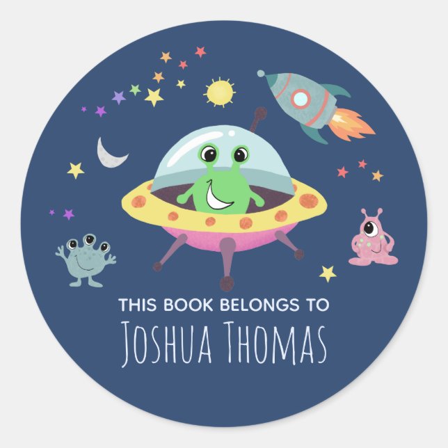 Kids Blue Alien Monster Space Boys Bookplate Classic Round Sticker (Front)