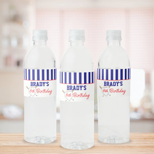 Kids Blue Baseball Striped Birthday Party Water Bottle Label