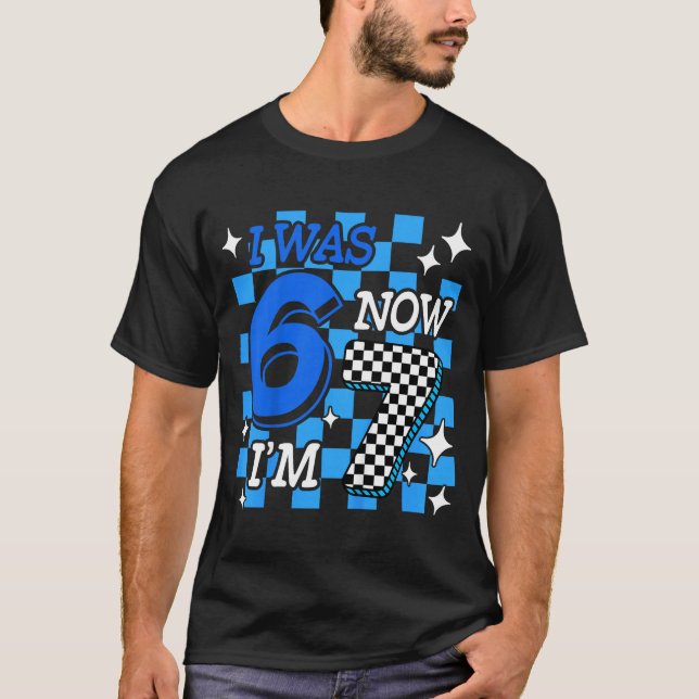 Kids Blue Checkered I Was 6 Now I'm 7 Birthday Boy T-Shirt (Front)