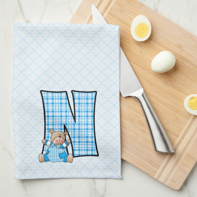 Kid's Blue Gingham Print Monogram Big N Tea Towel (Quarter Fold)