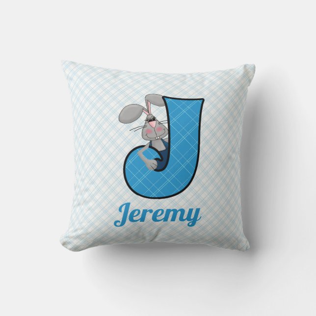 Kid's Blue Jackrabbit Monogram Letter J Cushion (Front)