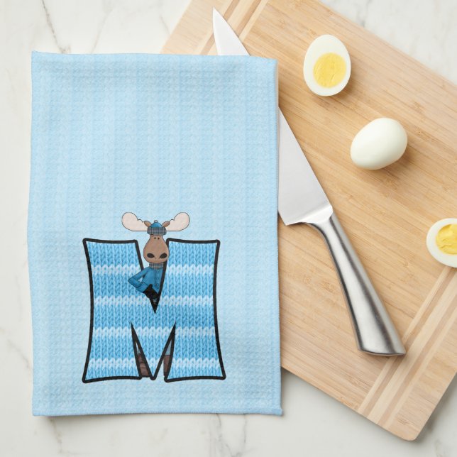 Kid's Blue Knit Print Monogram Letter M Tea Towel (Quarter Fold)