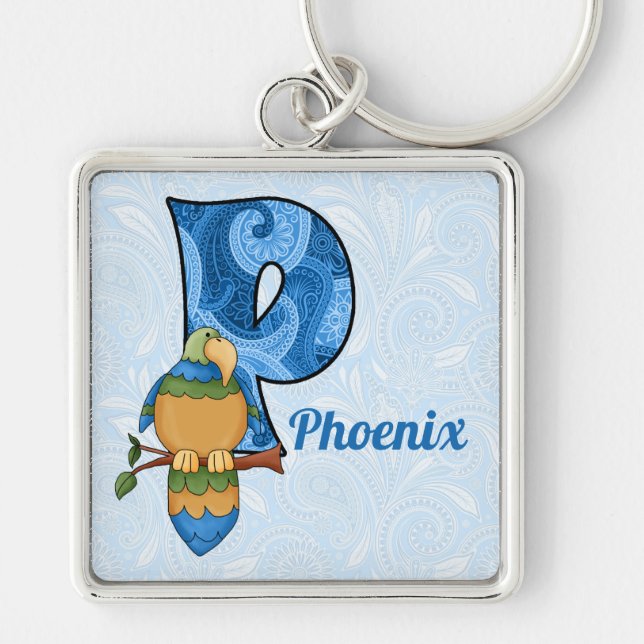 Kid's Blue Paisley Parrot Monogram "P" Key Ring (Front)