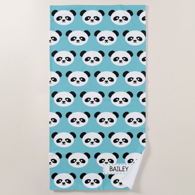 Kids Blue Panda Bear Pattern Kawaii Personalised Beach Towel (Front)