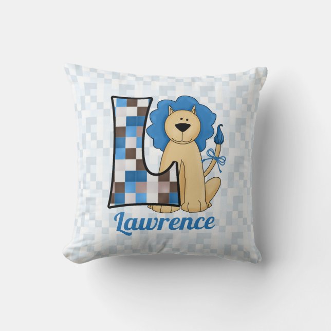 Kids Blue Patchwork Lion Monogram Letter L Cushion (Front)