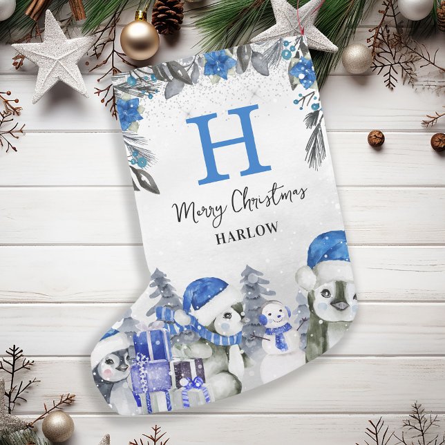 Kids Blue Penguin Monogram Name Small Christmas Stocking (Creator Uploaded)