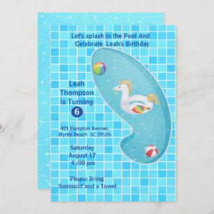 Kids Blue  Pool Party Unicorn Birthday Invitations