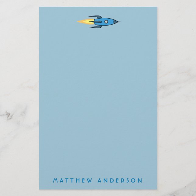 Kids Blue Rocket Ship Outer Space Boy Cute Modern Stationery (Front)